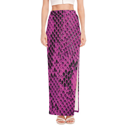 Magenta Pink And Black Snakeskin Print High Slit Maxi Skirt