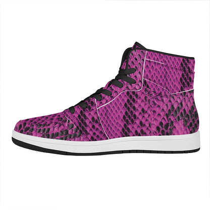 Magenta Pink And Black Snakeskin Print High Top Leather Sneakers