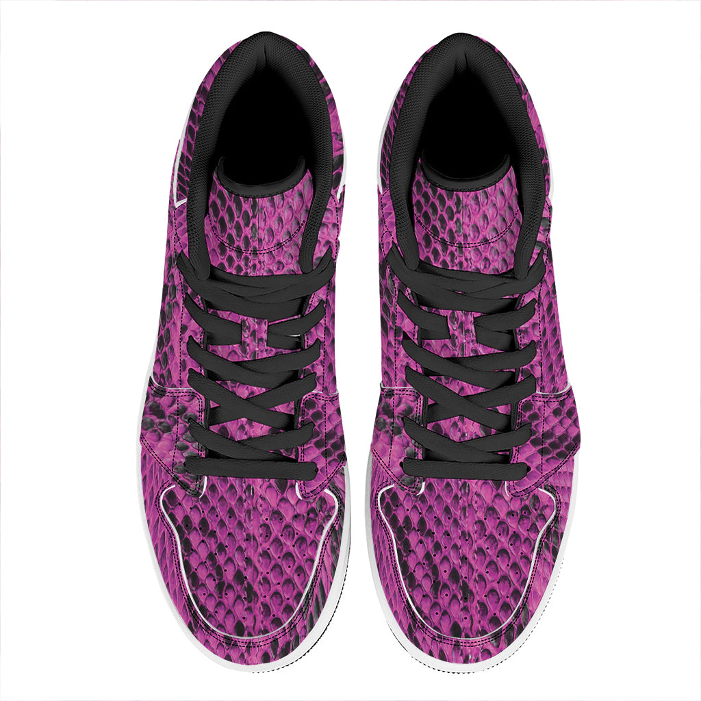 Magenta Pink And Black Snakeskin Print High Top Leather Sneakers