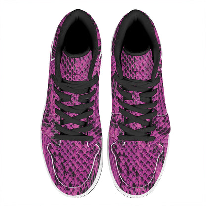 Magenta Pink And Black Snakeskin Print High Top Leather Sneakers