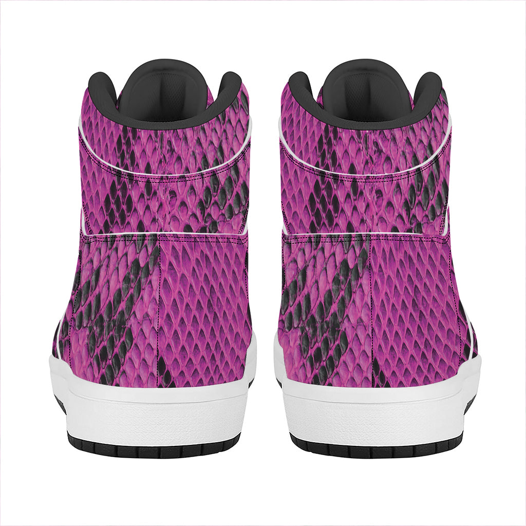 Magenta Pink And Black Snakeskin Print High Top Leather Sneakers