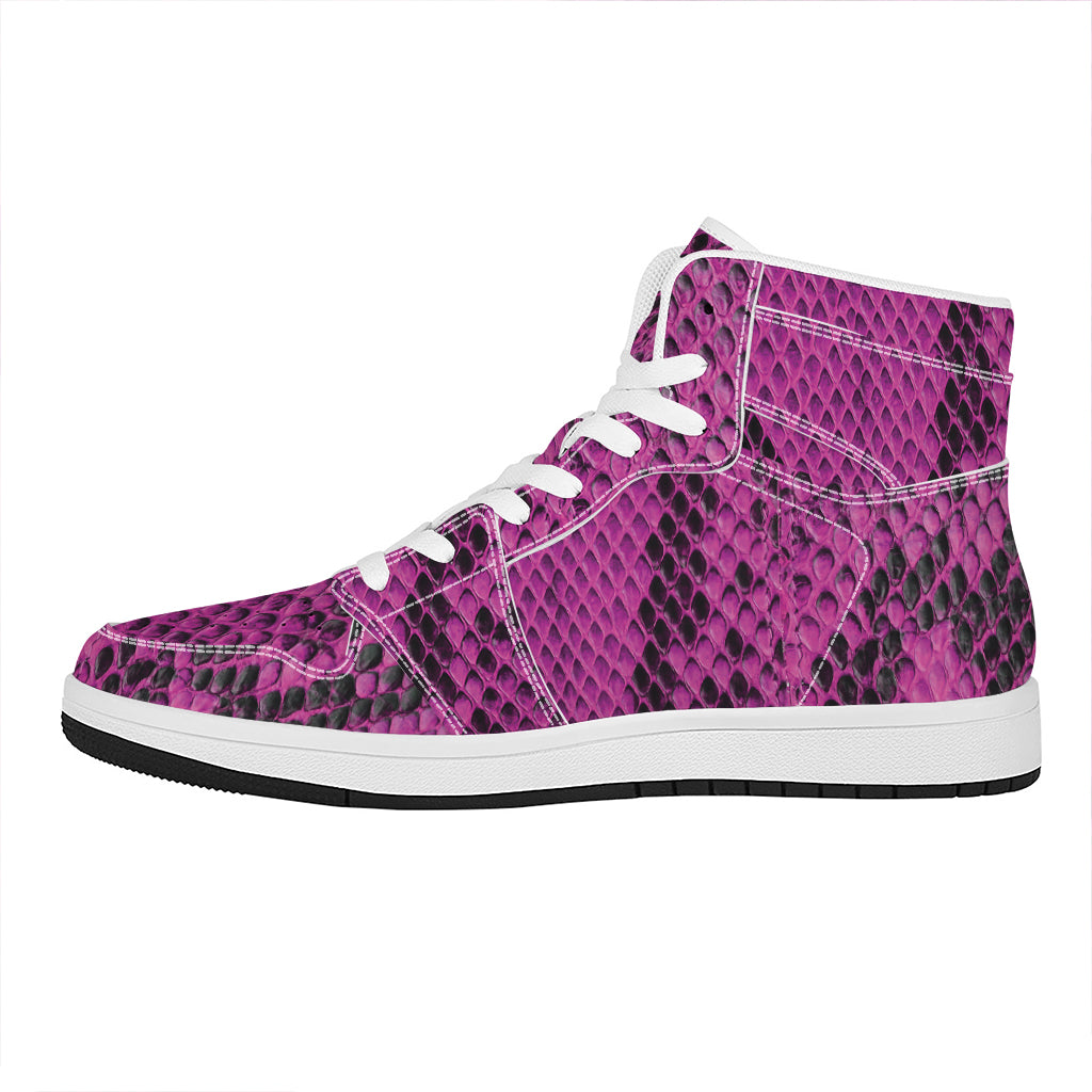 Magenta Pink And Black Snakeskin Print High Top Leather Sneakers