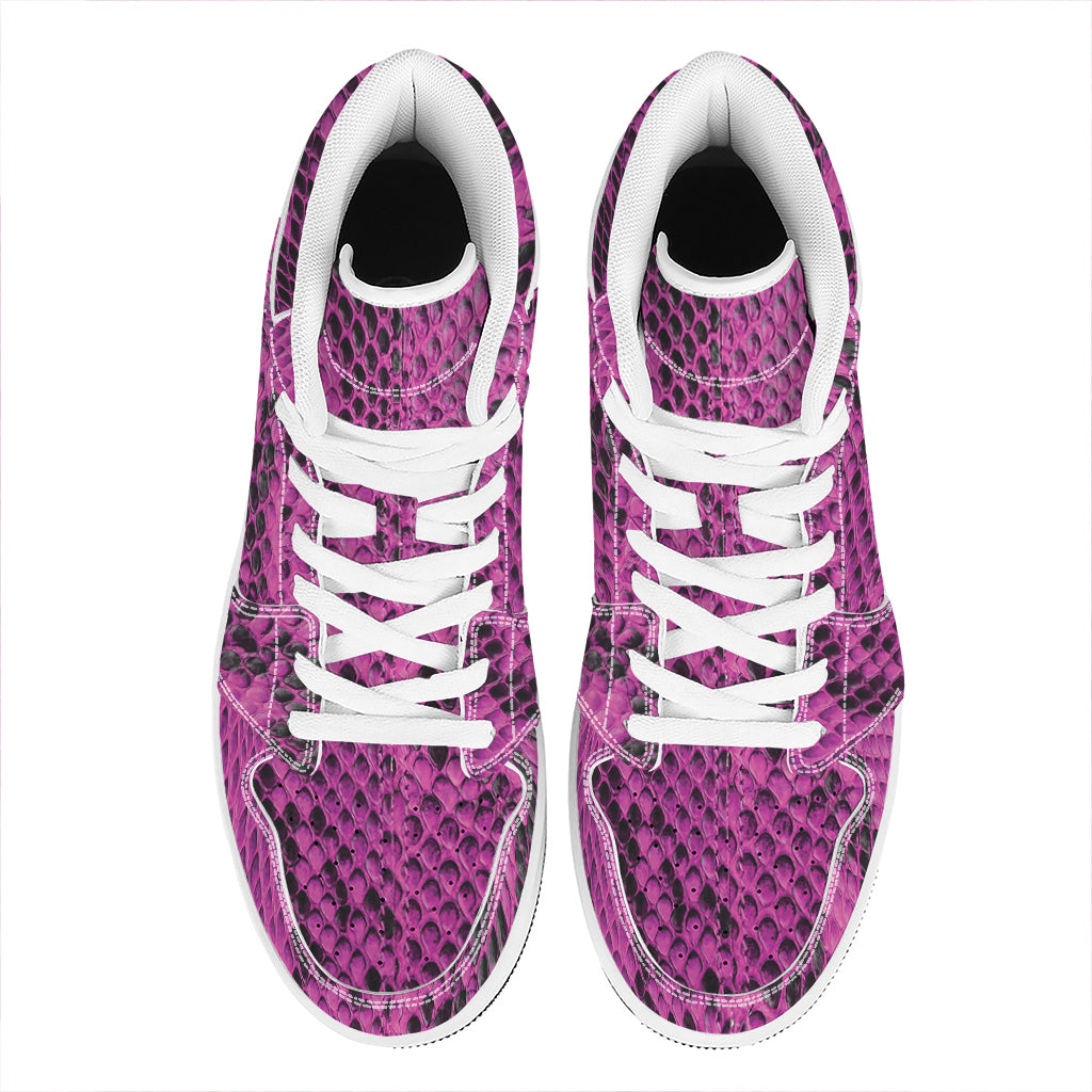 Magenta Pink And Black Snakeskin Print High Top Leather Sneakers