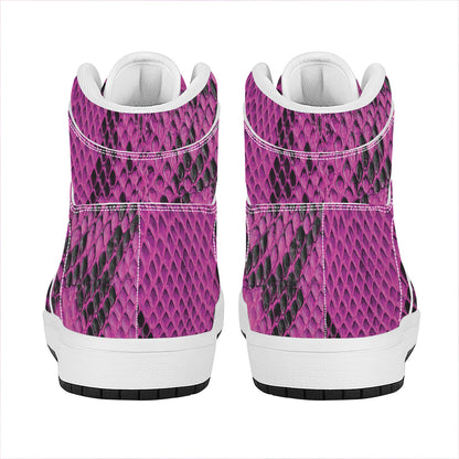 Magenta Pink And Black Snakeskin Print High Top Leather Sneakers