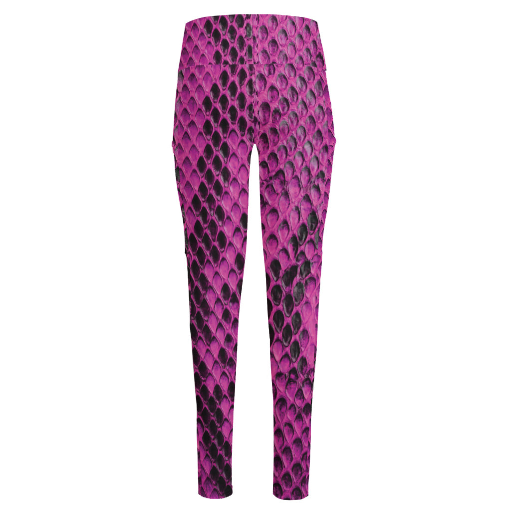 Magenta Pink And Black Snakeskin Print High-Waisted Pocket Leggings