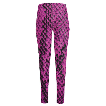 Magenta Pink And Black Snakeskin Print High-Waisted Pocket Leggings