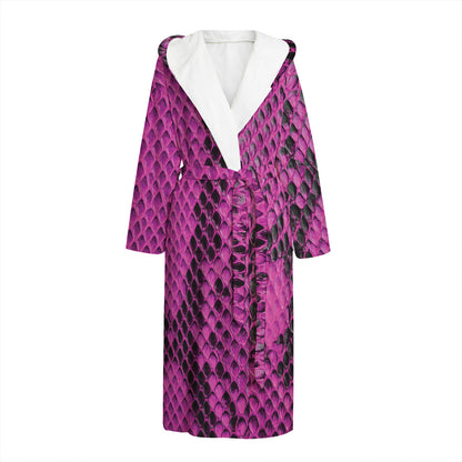 Magenta Pink And Black Snakeskin Print Hooded Bathrobe
