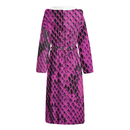 Magenta Pink And Black Snakeskin Print Hooded Bathrobe