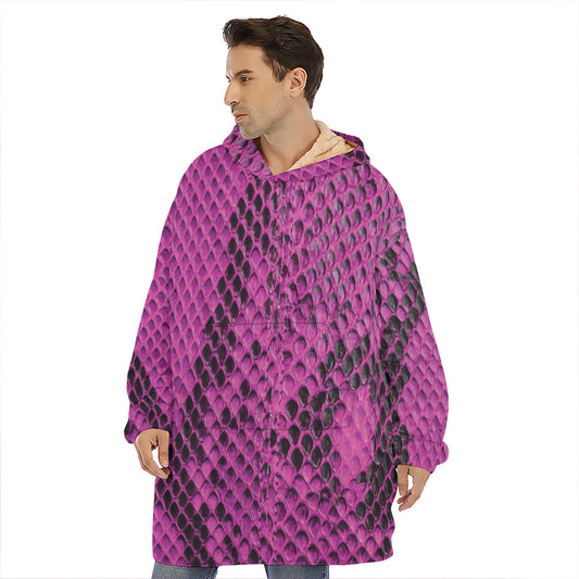 Magenta Pink And Black Snakeskin Print Hoodie Blanket