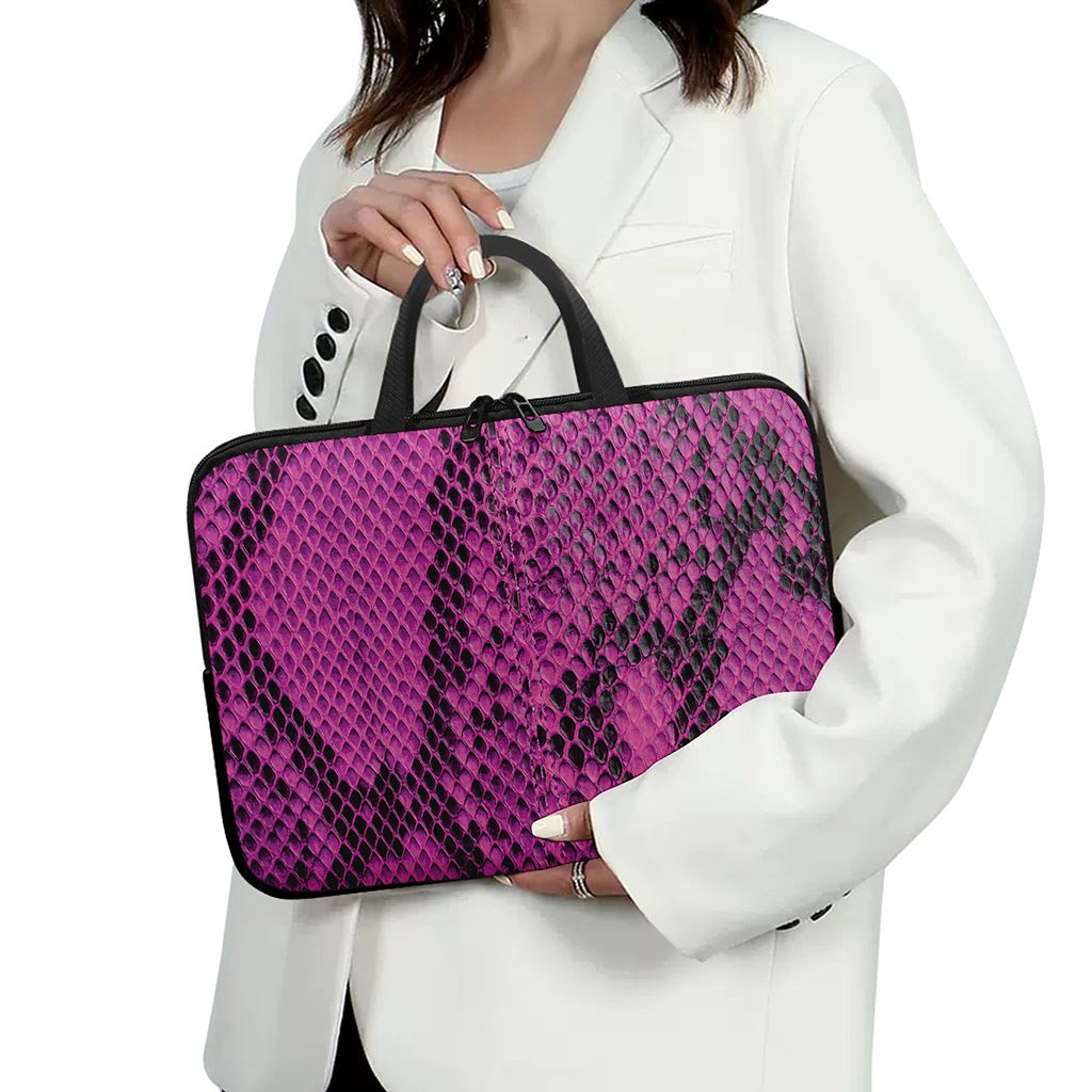 Magenta Pink And Black Snakeskin Print Laptop Sleeve With Handle