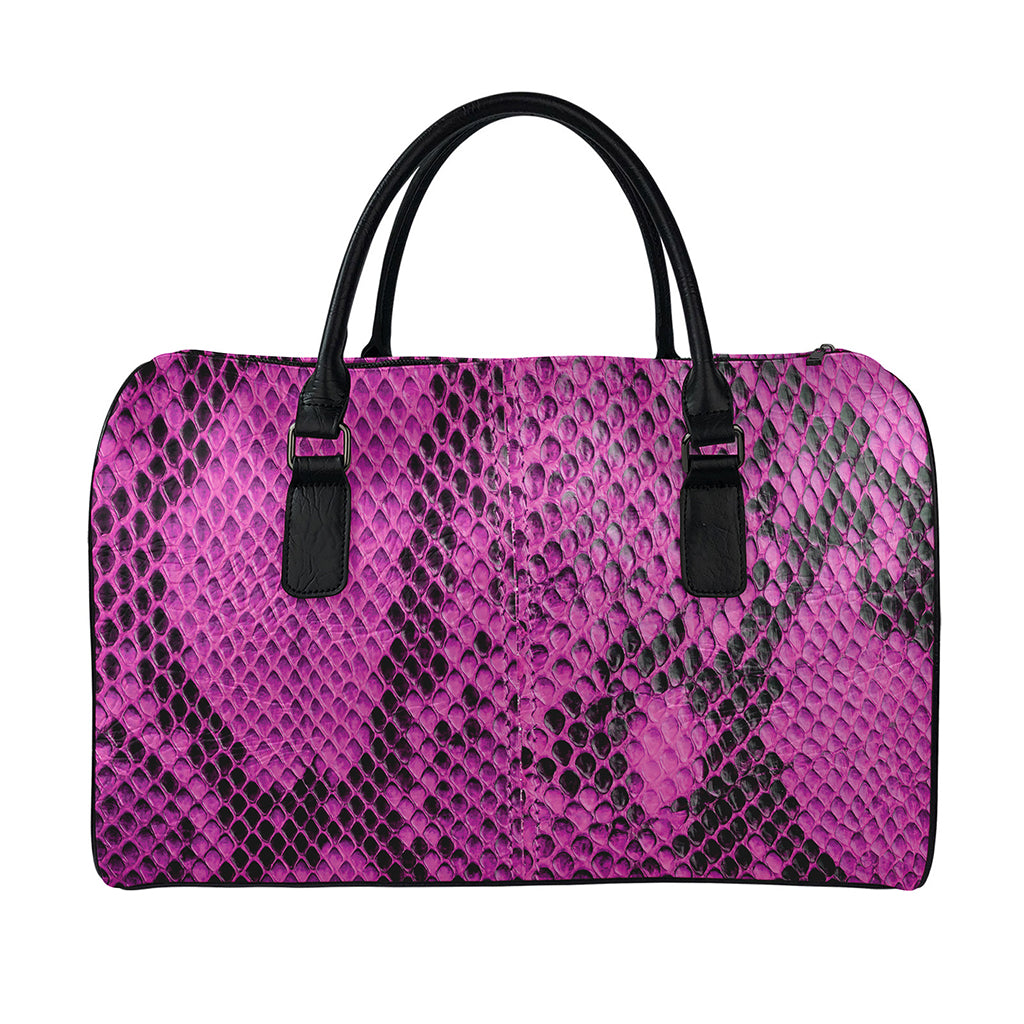 Magenta Pink And Black Snakeskin Print Leather Duffle Bag