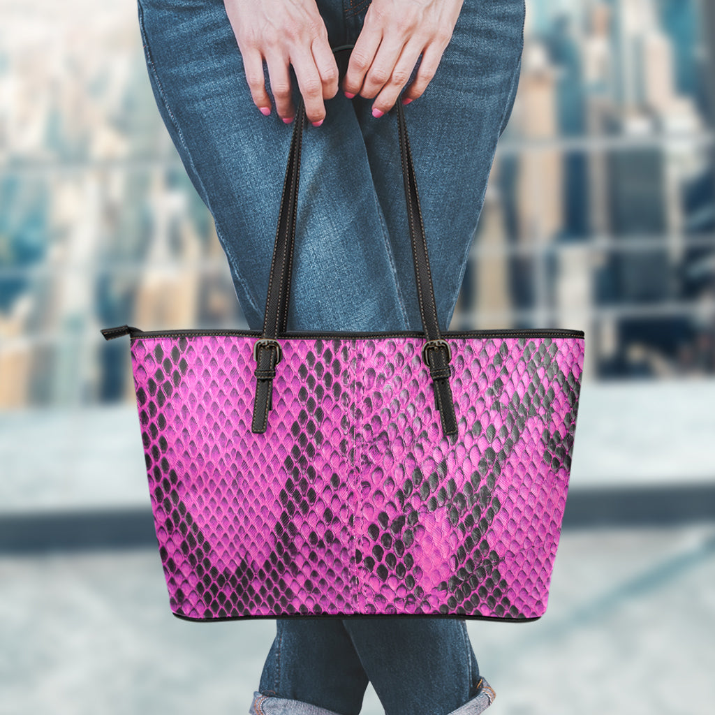 Magenta Pink And Black Snakeskin Print Leather Tote Bag