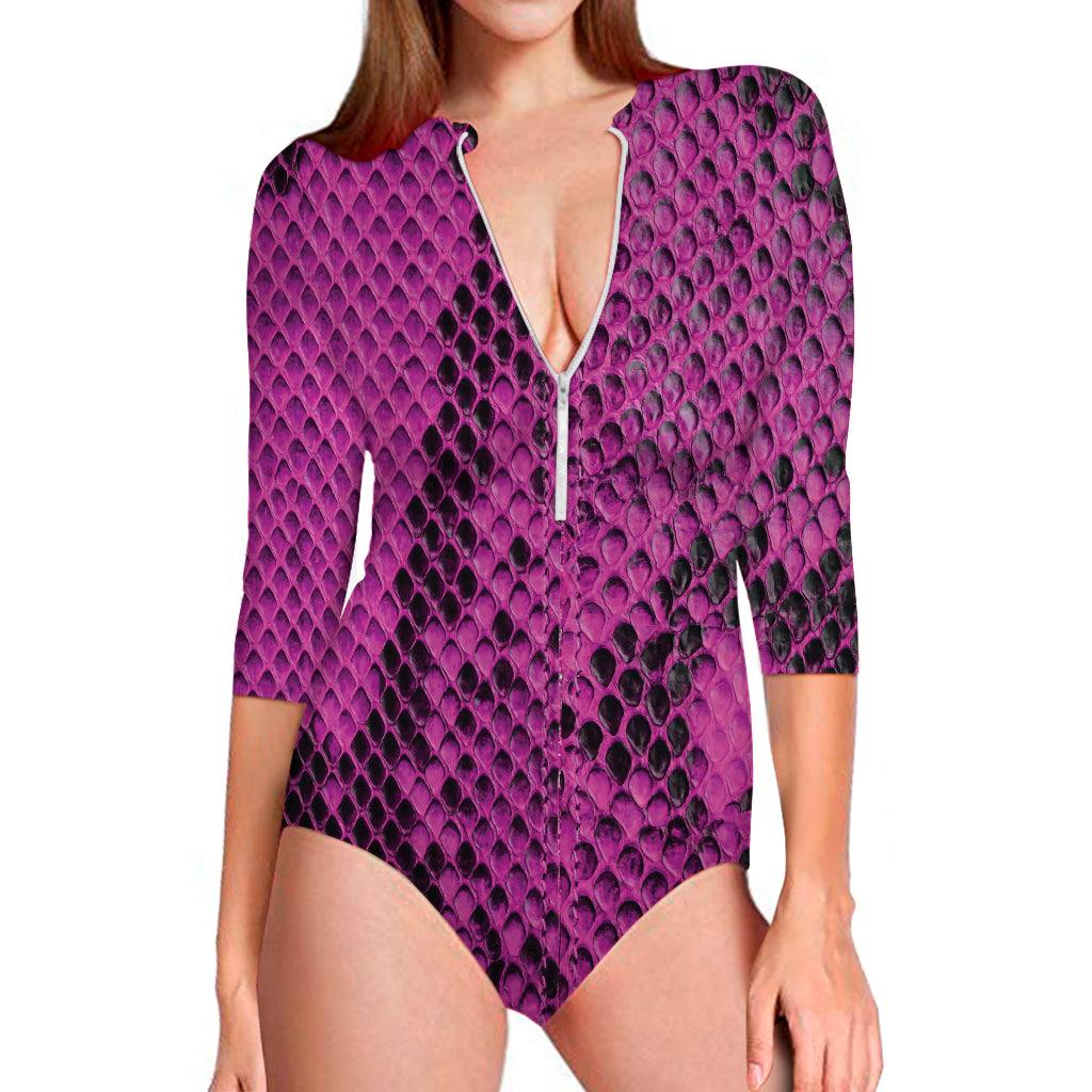 Magenta Pink And Black Snakeskin Print Long Sleeve Swimsuit