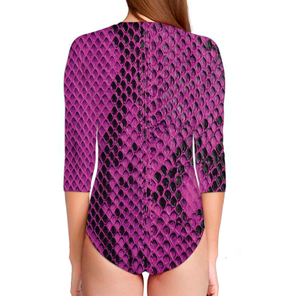 Magenta Pink And Black Snakeskin Print Long Sleeve Swimsuit