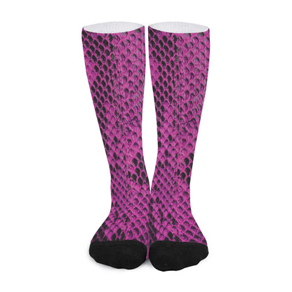 Magenta Pink And Black Snakeskin Print Long Socks