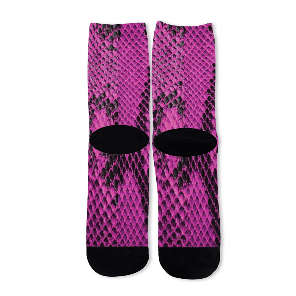 Magenta Pink And Black Snakeskin Print Long Socks