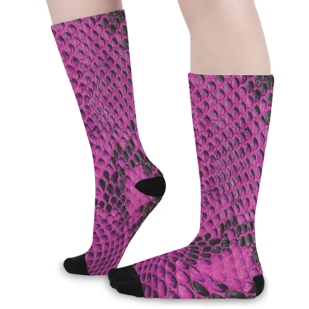 Magenta Pink And Black Snakeskin Print Long Socks