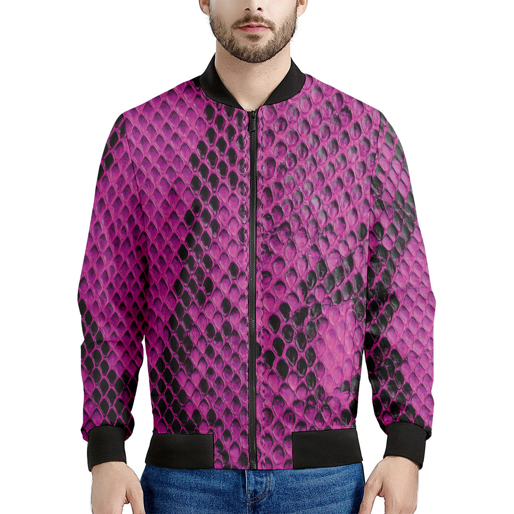 Magenta Pink And Black Snakeskin Print Men's Bomber Jacket