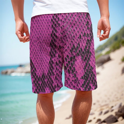 Magenta Pink And Black Snakeskin Print Men's Cargo Shorts