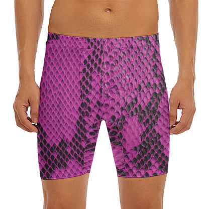 Magenta Pink And Black Snakeskin Print Men's Long Boxer Briefs
