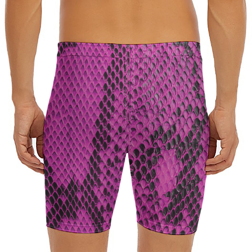 Magenta Pink And Black Snakeskin Print Men's Long Boxer Briefs