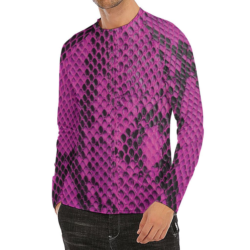 Magenta Pink And Black Snakeskin Print Men's Long Sleeve Rash Guard