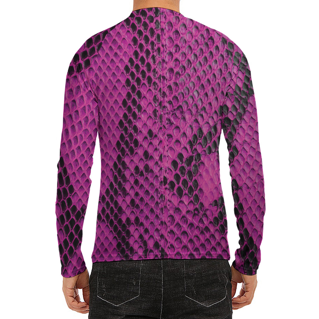 Magenta Pink And Black Snakeskin Print Men's Long Sleeve Rash Guard