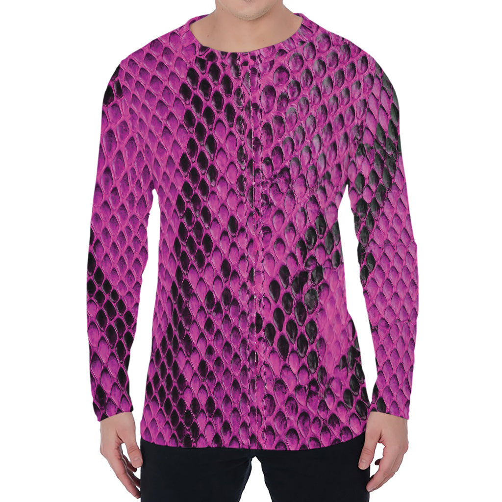 Magenta Pink And Black Snakeskin Print Men's Long Sleeve T-Shirt