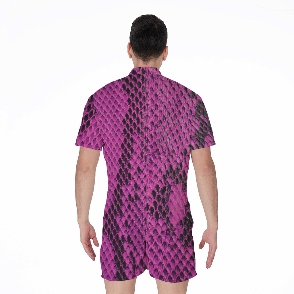 Magenta Pink And Black Snakeskin Print Men's Rompers