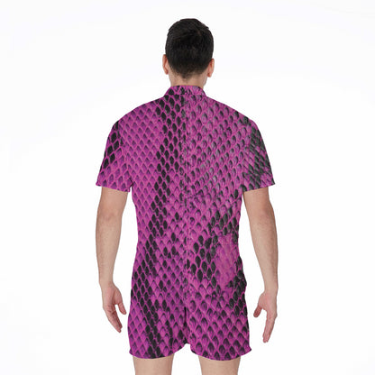 Magenta Pink And Black Snakeskin Print Men's Rompers