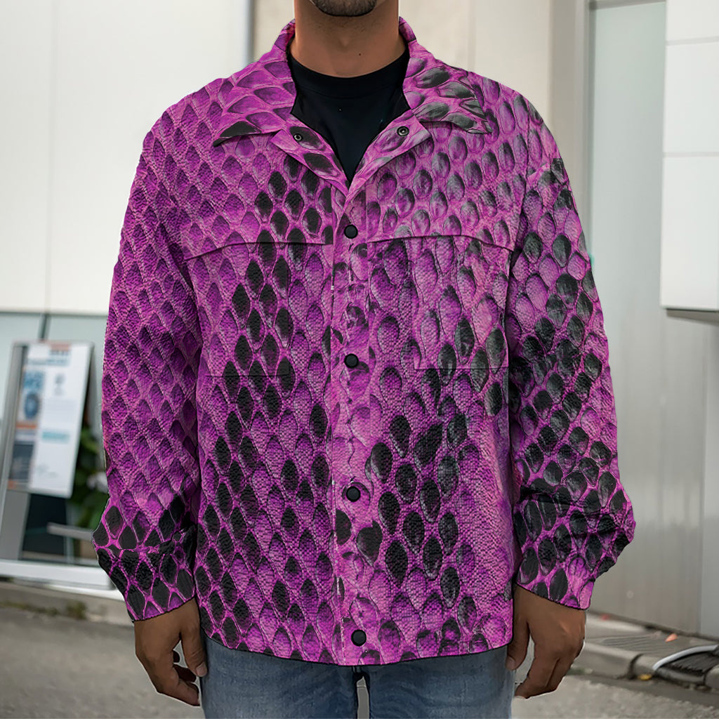 Magenta Pink And Black Snakeskin Print Men's Shirt Jacket