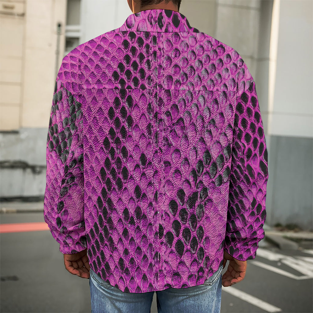 Magenta Pink And Black Snakeskin Print Men's Shirt Jacket