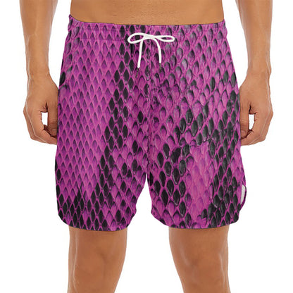 Magenta Pink And Black Snakeskin Print Men's Split Running Shorts
