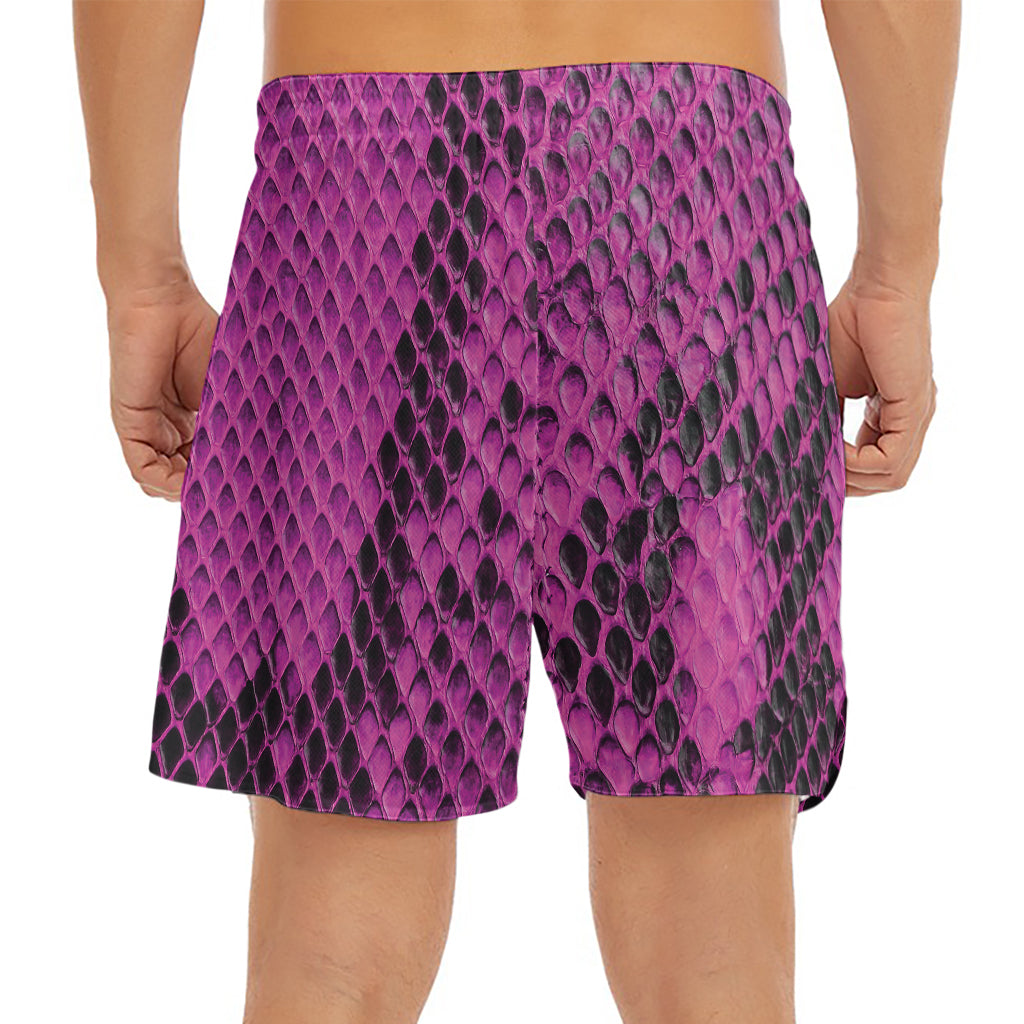 Magenta Pink And Black Snakeskin Print Men's Split Running Shorts