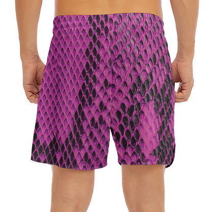 Magenta Pink And Black Snakeskin Print Men's Split Running Shorts