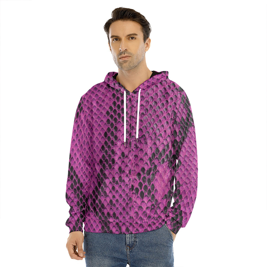 Magenta Pink And Black Snakeskin Print Men's Velvet Pullover Hoodie