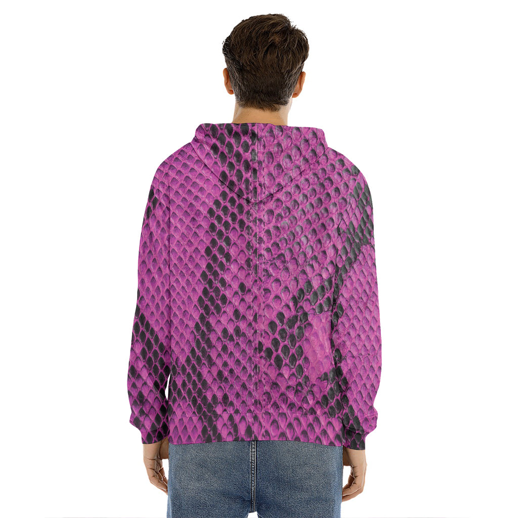 Magenta Pink And Black Snakeskin Print Men's Velvet Pullover Hoodie