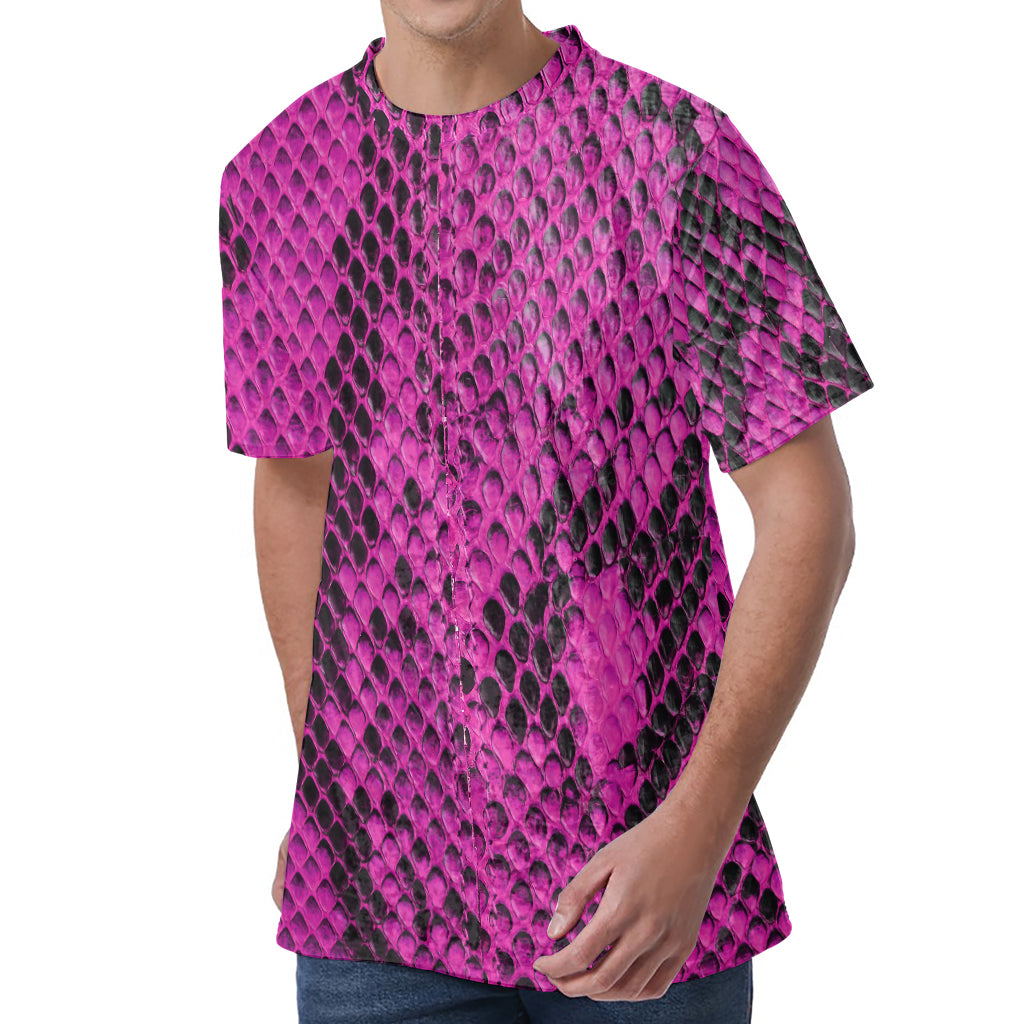 Magenta Pink And Black Snakeskin Print Men's Velvet T-Shirt