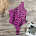 Magenta Pink And Black Snakeskin Print One Shoulder Bodysuit