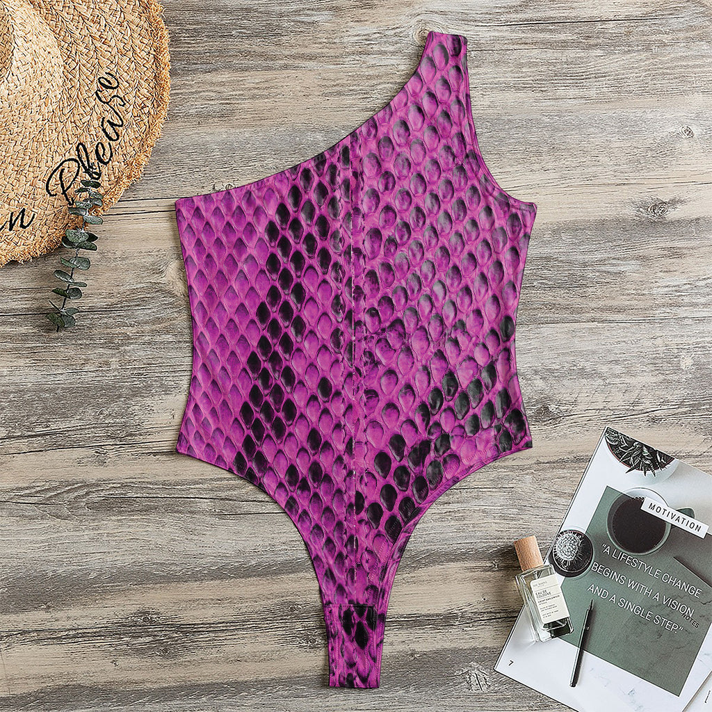 Magenta Pink And Black Snakeskin Print One Shoulder Bodysuit