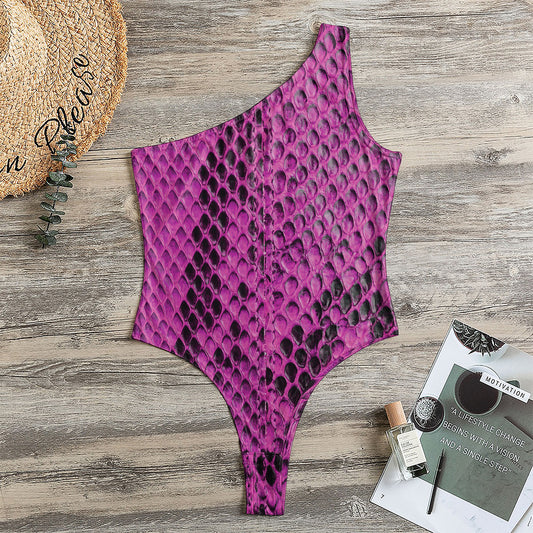 Magenta Pink And Black Snakeskin Print One Shoulder Bodysuit