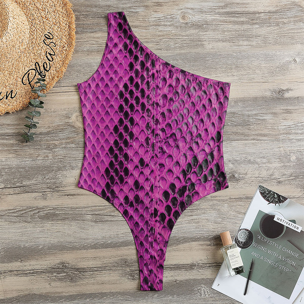 Magenta Pink And Black Snakeskin Print One Shoulder Bodysuit