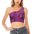 Magenta Pink And Black Snakeskin Print One Shoulder Crop Top