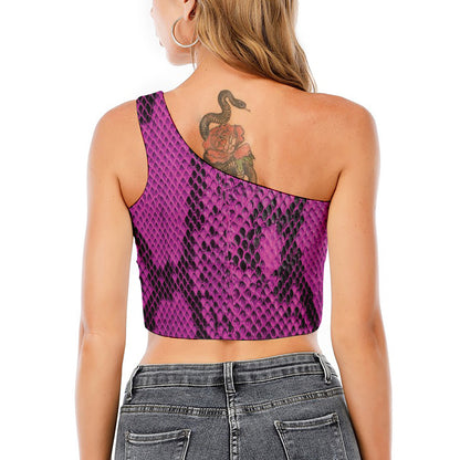 Magenta Pink And Black Snakeskin Print One Shoulder Crop Top
