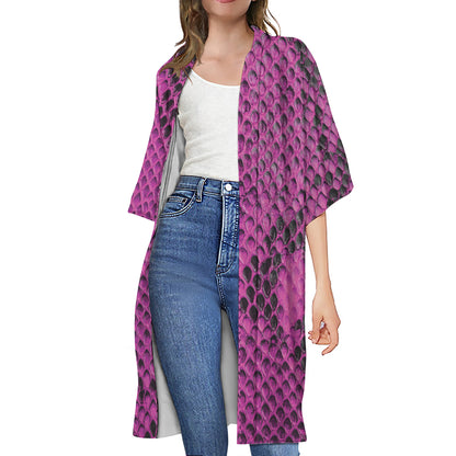 Magenta Pink And Black Snakeskin Print Open Front Beach Cover Up