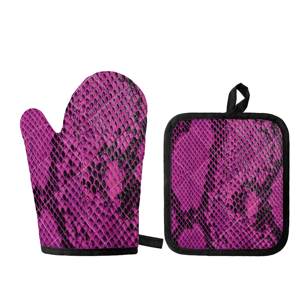 Magenta Pink And Black Snakeskin Print Oven Mitt And Pot Holder Set