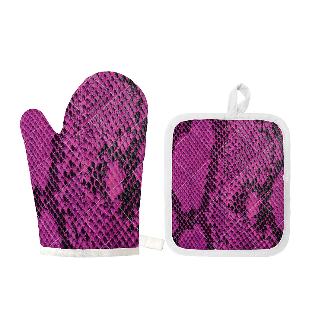 Magenta Pink And Black Snakeskin Print Oven Mitt And Pot Holder Set