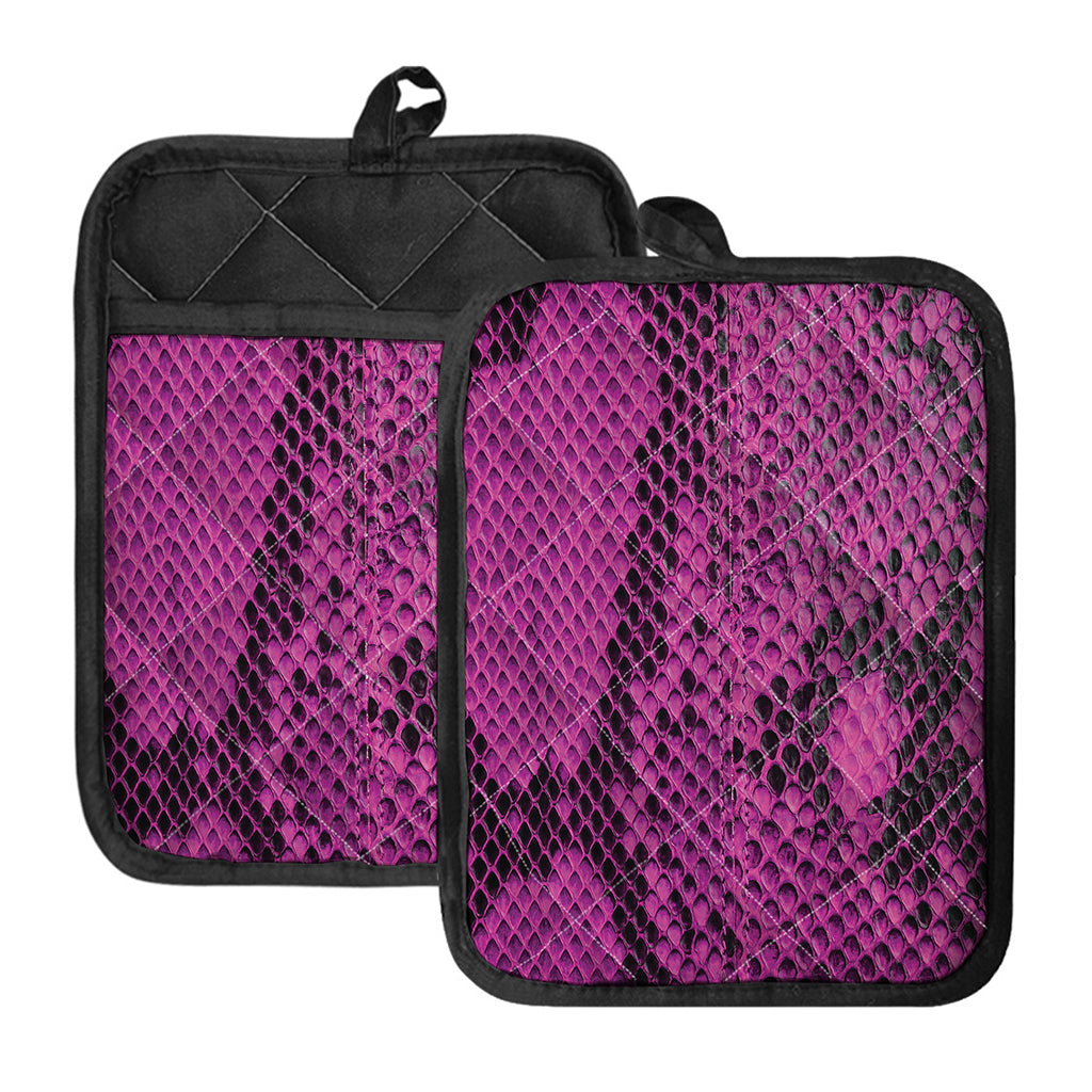 Magenta Pink And Black Snakeskin Print Pot Holders With Pocket