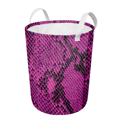 Magenta Pink And Black Snakeskin Print Round Laundry Basket