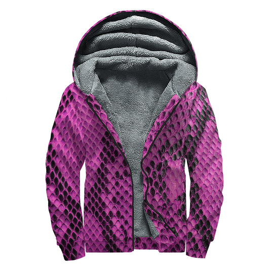 Magenta Pink And Black Snakeskin Print Sherpa Lined Zip Up Hoodie